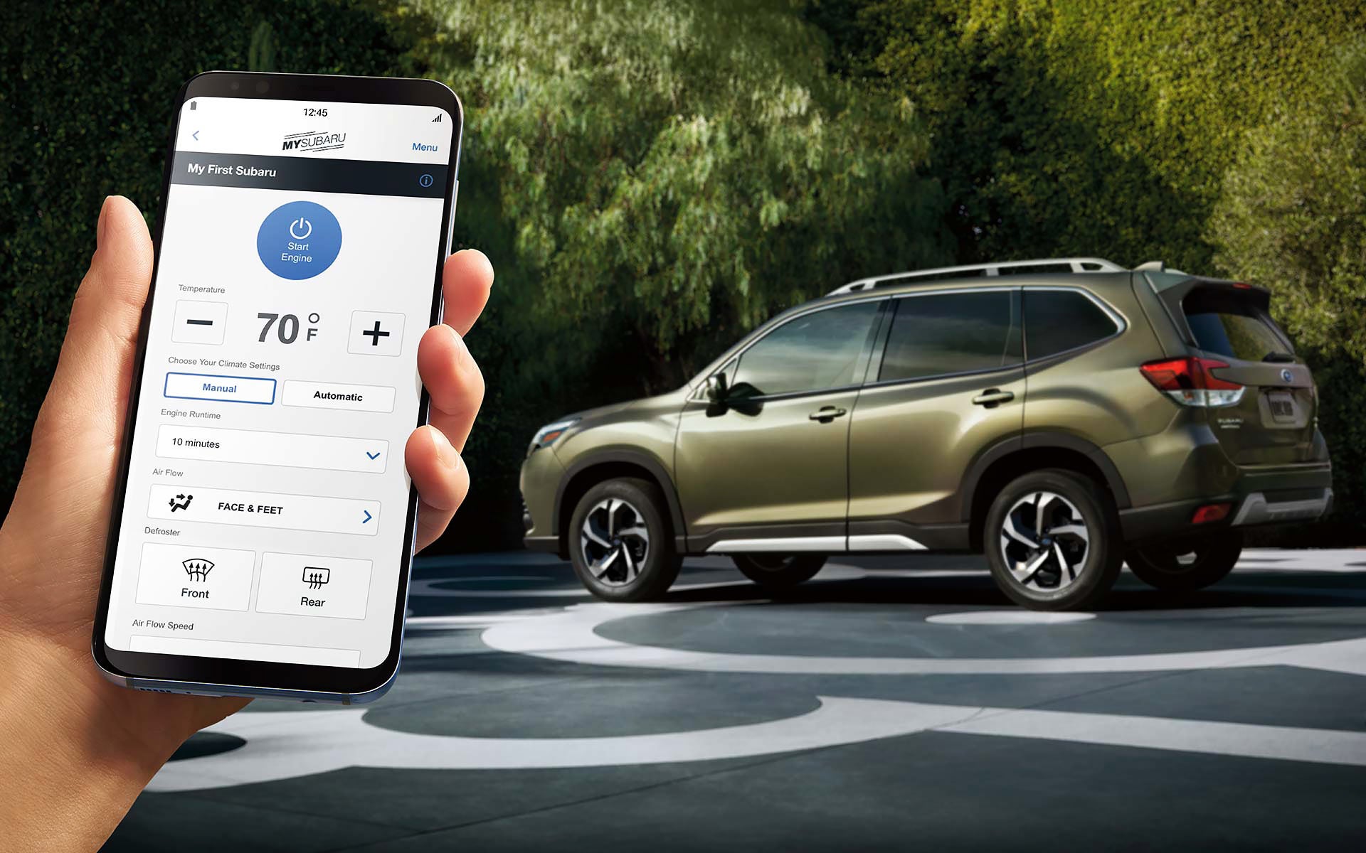 A close-up of a phone showing the Remote Engine Start with Climate Control feature of SUBARU STARLINK® Safety and Security available on the 2022 Forester. | Dalton Subaru in National City CA