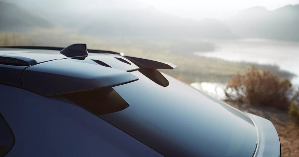 The rear ducktail spoiler of the 2026 Subaru Solterra