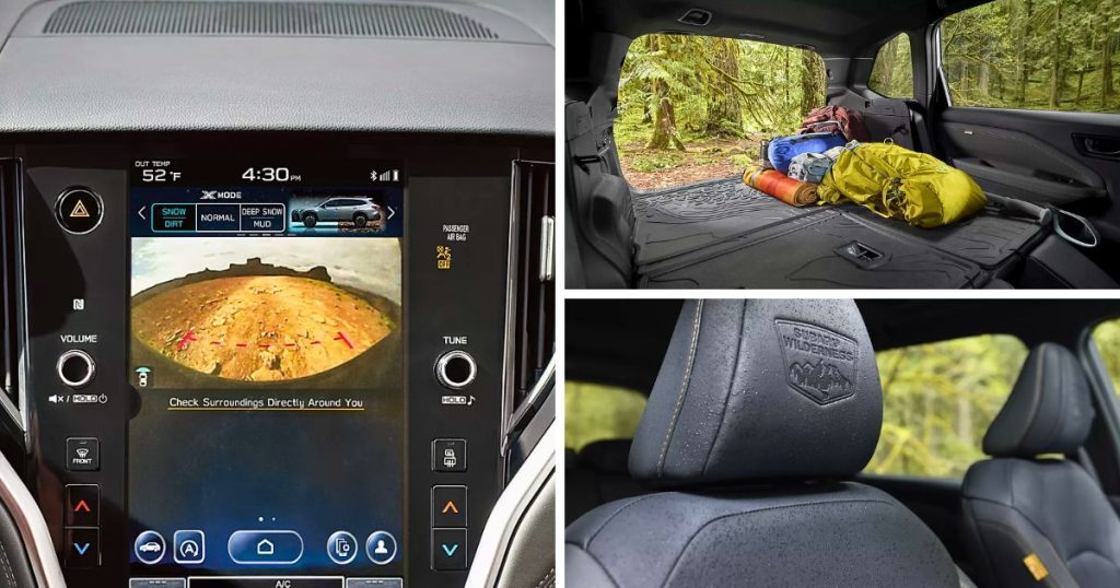 180-degree Front View Monitor, 69.1 cubic feet cargo room, and embossed Wilderness headrest logos in the 2026 Forester Wilderness