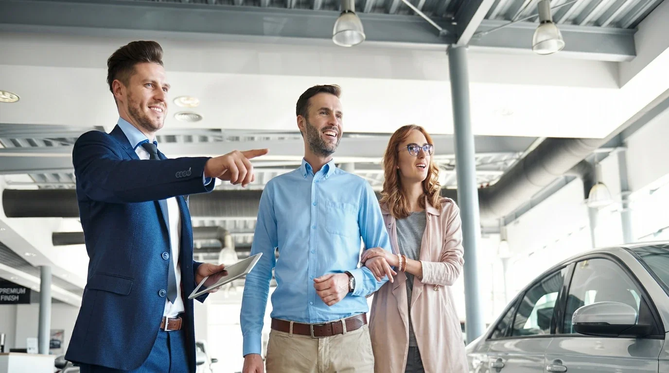 A Subaru sales consultant pointing out a car to a couple in the showroom.