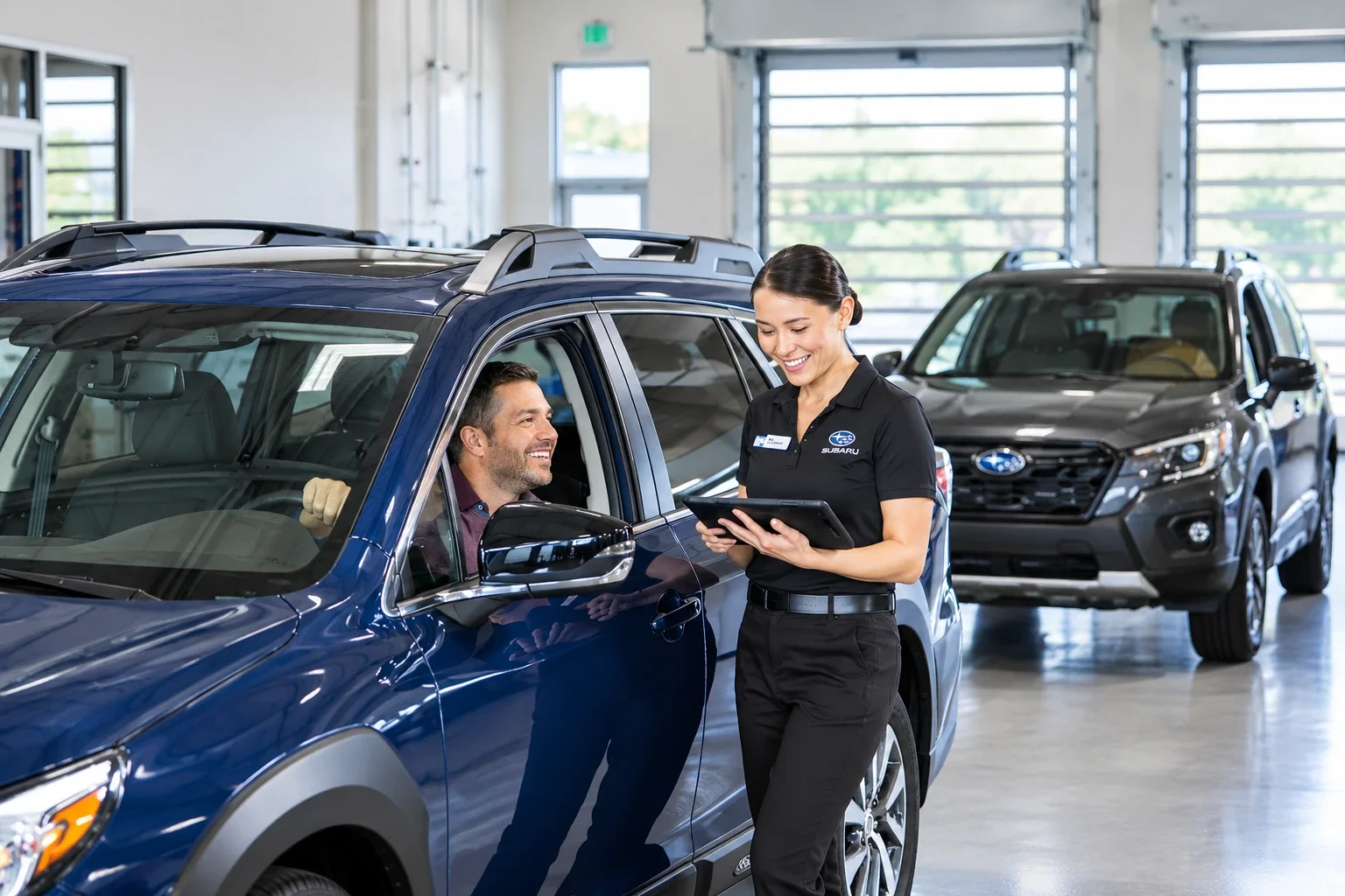 A Subaru service advisor with a tablet greeting a customer in his car on the service drive, another Subaru waiting behind.