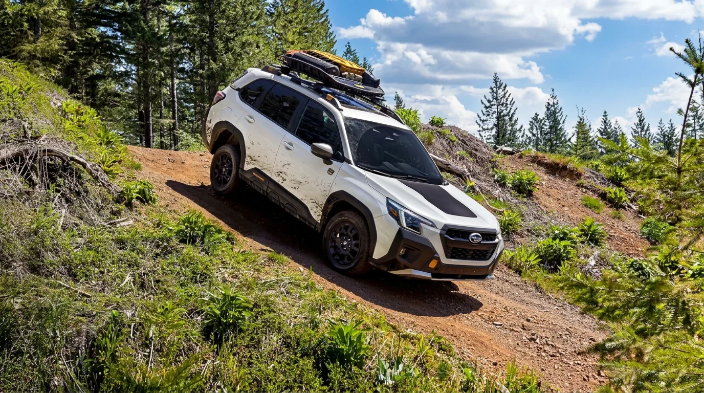 A Forester climbing a hillside track. Mountain driving is one of the conditions that halves the brake fluid interval.
