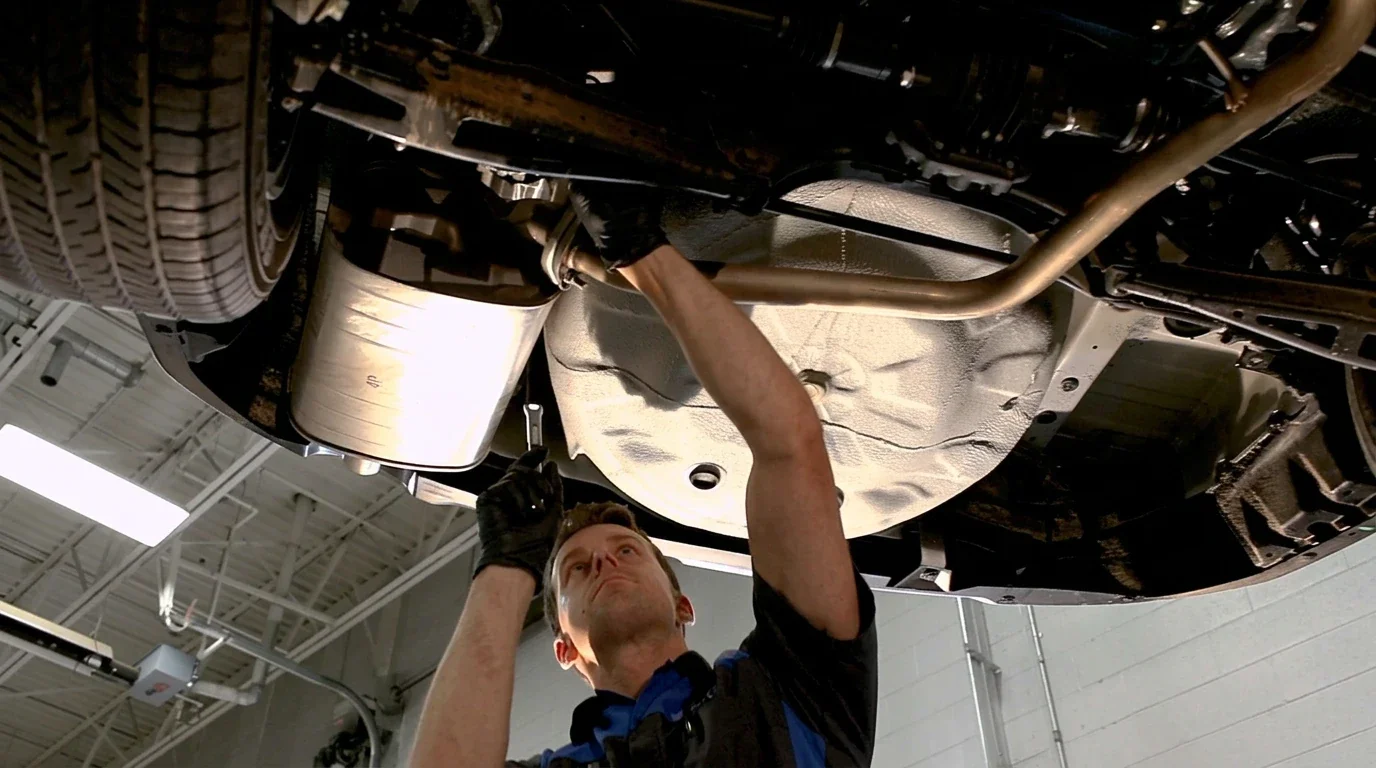 A technician checking the underbody of a raised Subaru.