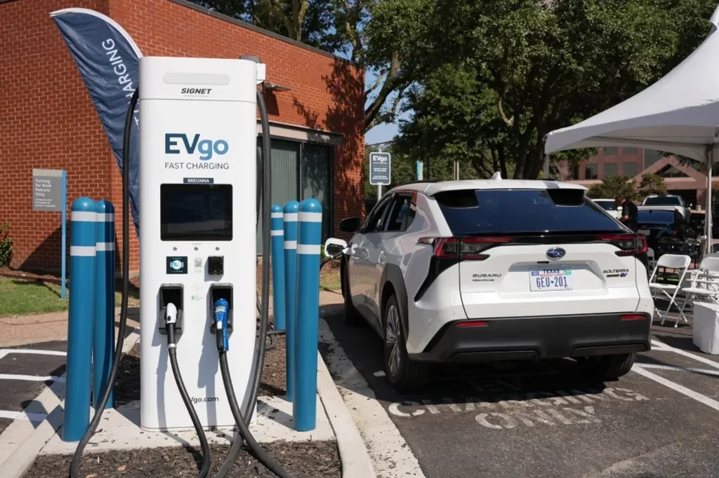 A Solterra at an EVgo fast-charging station. About 28 minutes takes it from 10 to 80 percent.