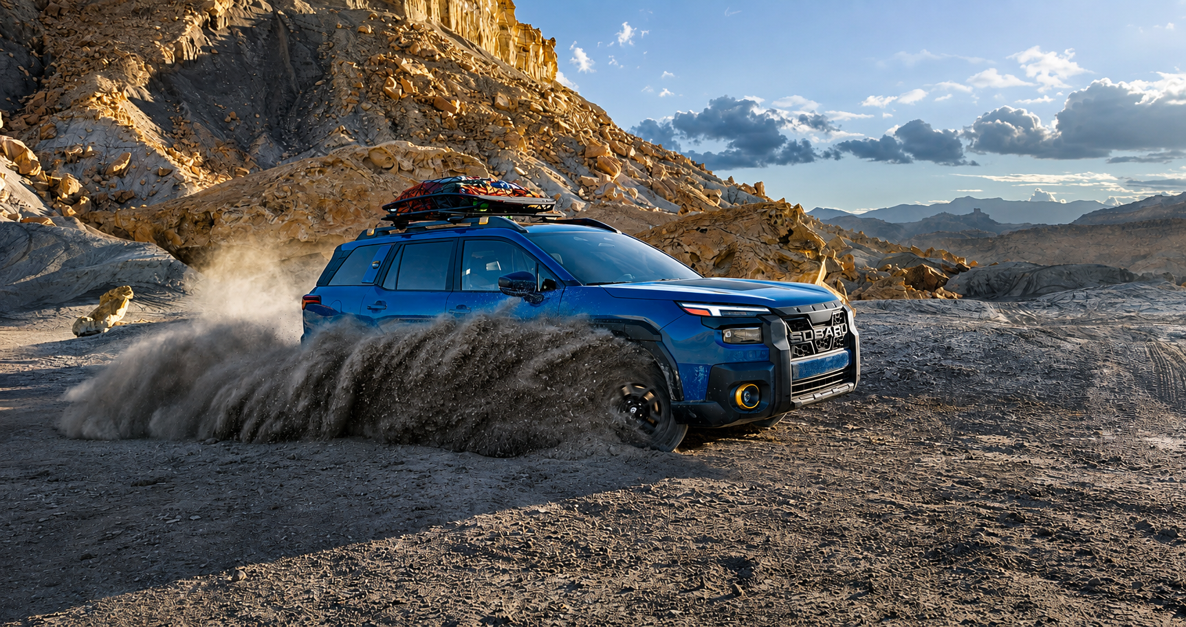 A blue Subaru with a loaded roof rack turning on a desert trail, throwing up a plume of dust with rock bluffs behind